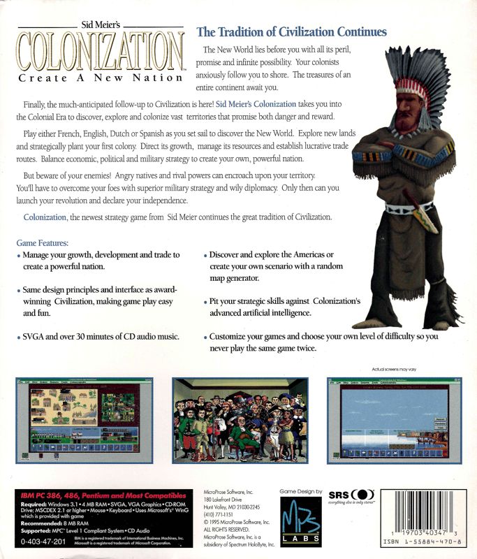 Back Cover for Sid Meier's Colonization (Windows 3.x)