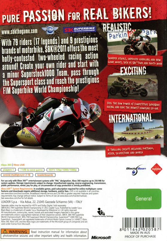 Back Cover for SBK 2011: FIM Superbike World Championship (Xbox 360)