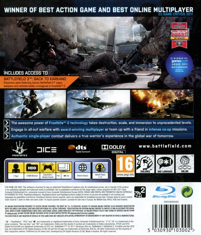 Back Cover for Battlefield 3: Limited Edition (PlayStation 3)