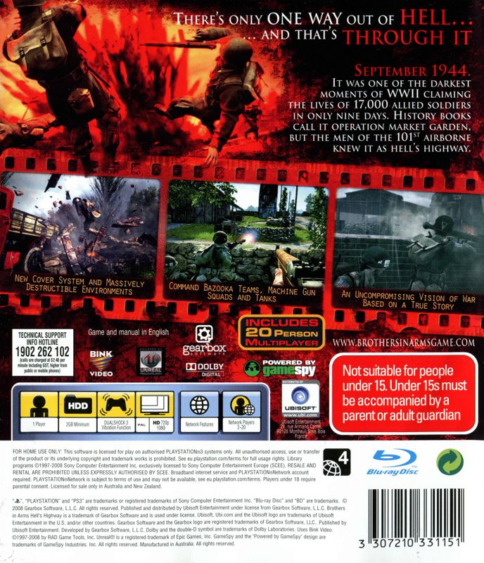 Back Cover for Brothers in Arms: Hell's Highway (PlayStation 3)