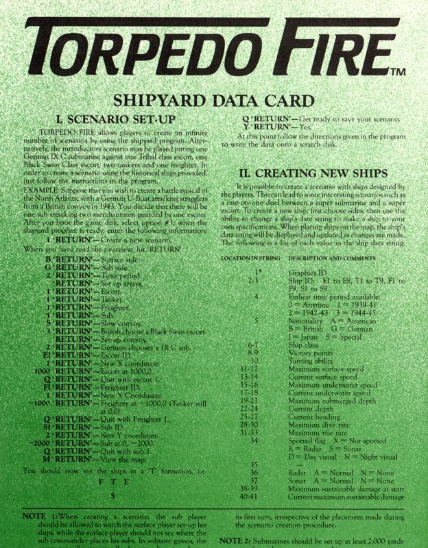 Other for Torpedo Fire (Apple II): Shipyard Data Card