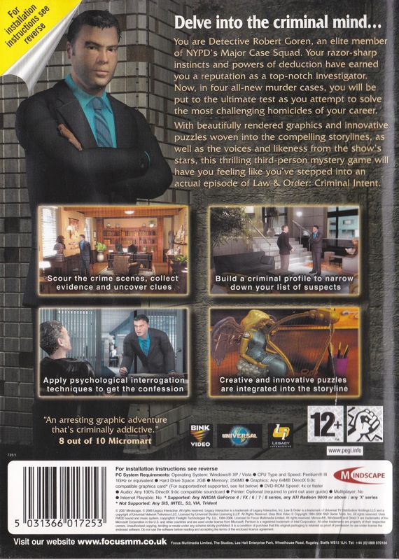 Back Cover for Law & Order: Criminal Intent (Windows) (Focus Essentials release)