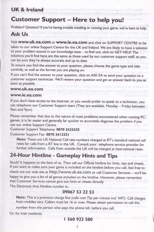 Extras for 007: Nightfire (Windows) (EA Classics release): Customer Support Leaflet - Front