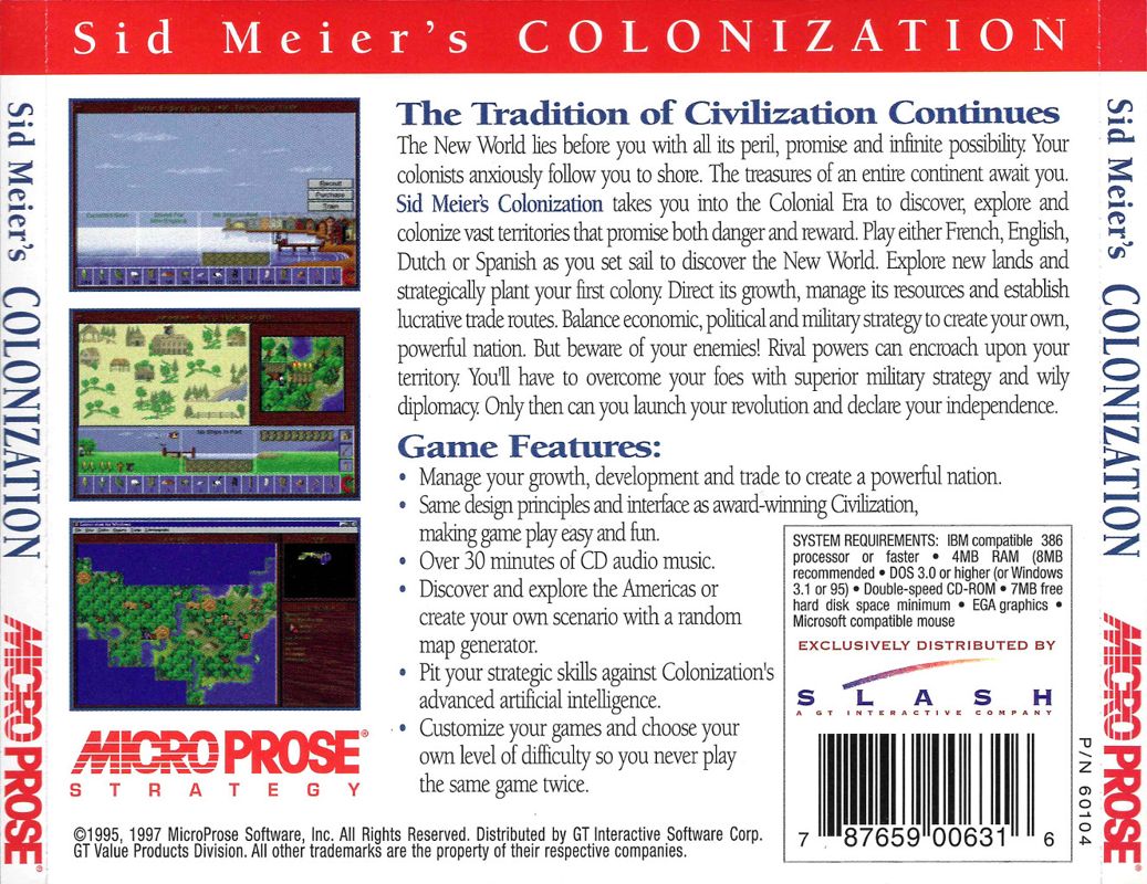 Back Cover for Sid Meier's Colonization (DOS and Windows 3.x)