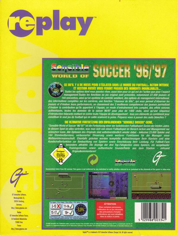 Back Cover for Sensible World of Soccer '96/'97 (DOS) (Replay release)