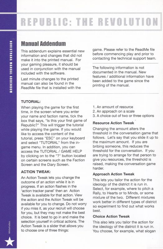 Manual for Republic: The Revolution (Windows): Addendum - front