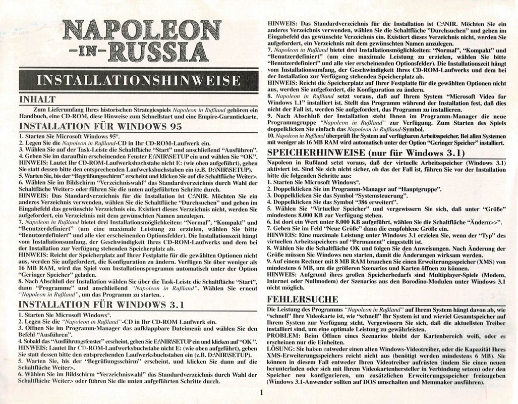 Reference Card for Battleground 6: Napoleon in Russia (Windows and Windows 16-bit): Front