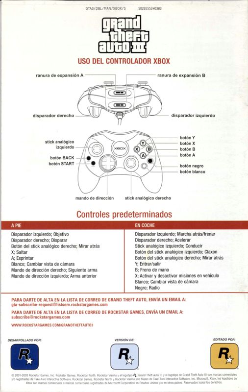 Manual for Rockstar Games Double Pack: Grand Theft Auto (Xbox): GTA III Manual Back