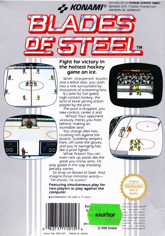 Back Cover for Blades of Steel (NES)