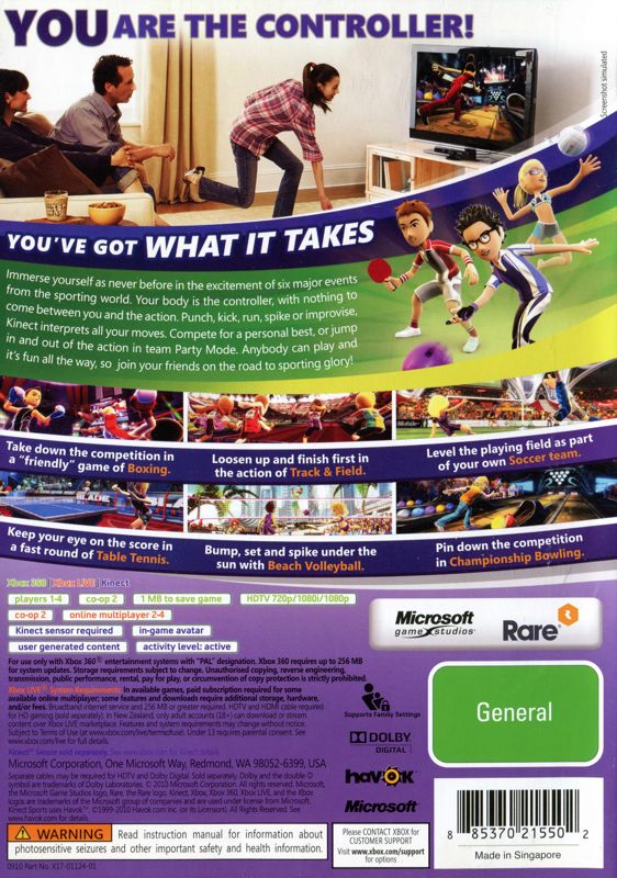 Back Cover for Kinect Sports (Xbox 360)