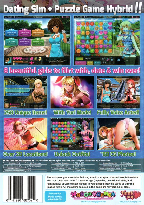 Back Cover for HuniePop (Linux and Macintosh and Windows)