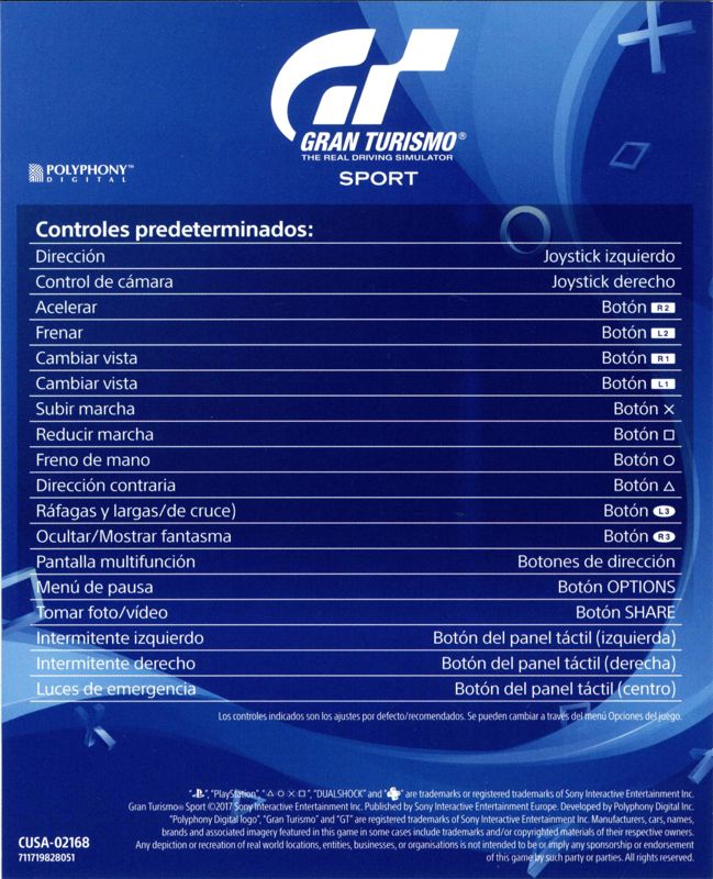 Reference Card for Gran Turismo: Sport (PlayStation 4)