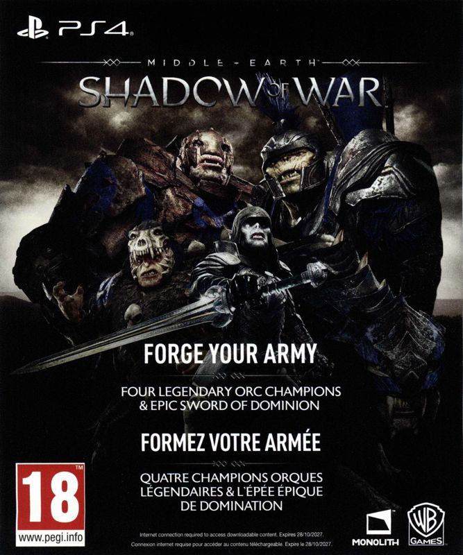 Extras for Middle-earth: Shadow of War (PlayStation 4): DLC voucher front