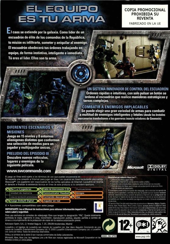 Back Cover for Star Wars: Republic Commando (Xbox) (Promotional Xbox bundle)