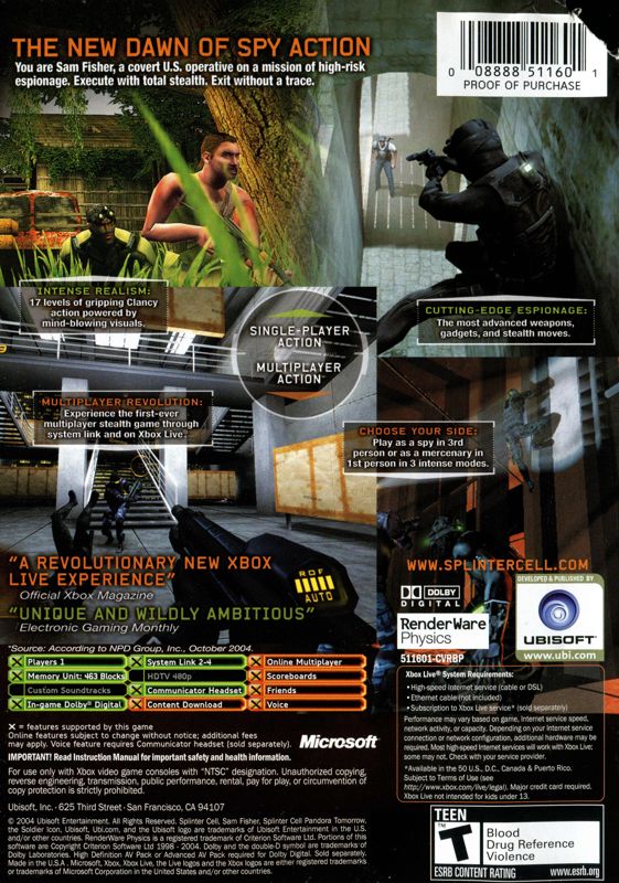 Back Cover for Tom Clancy's Splinter Cell: Pandora Tomorrow (Xbox) (Best of Platinum Hits release)