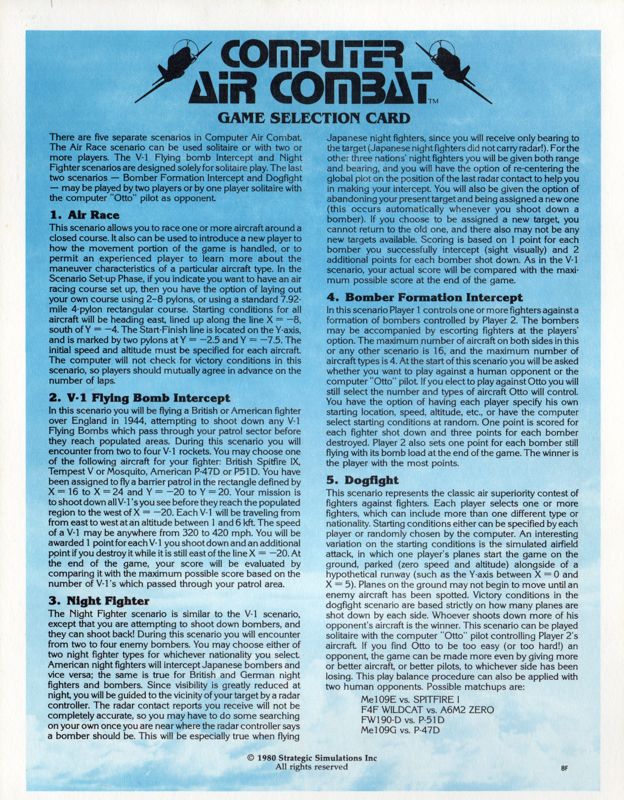 Reference Card for Computer Air Combat (Apple II): Game Selection Card