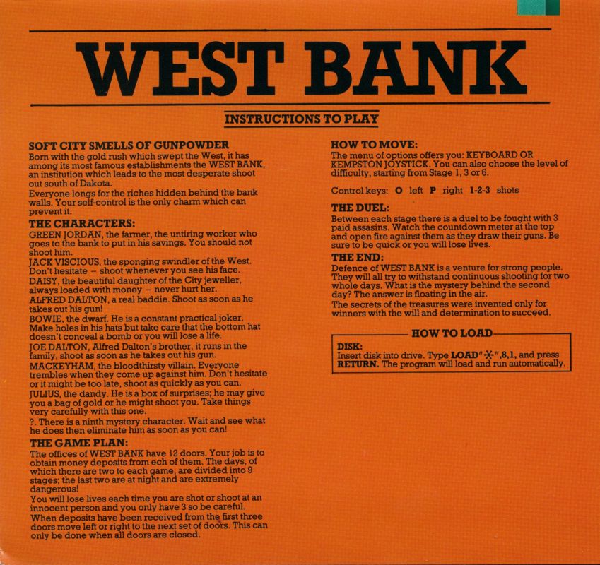 Manual for West Bank (Commodore 64): English instructions