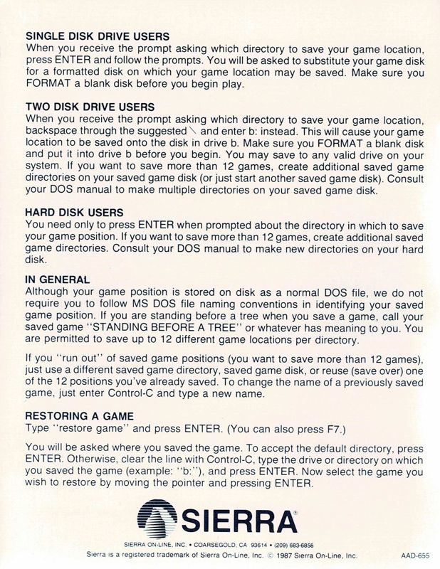 Reference Card for King's Quest II: Romancing the Throne (DOS) (1987 Re-release): Back