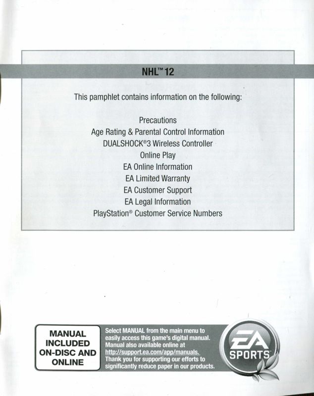 Manual for NHL 12 (PlayStation 3): Front