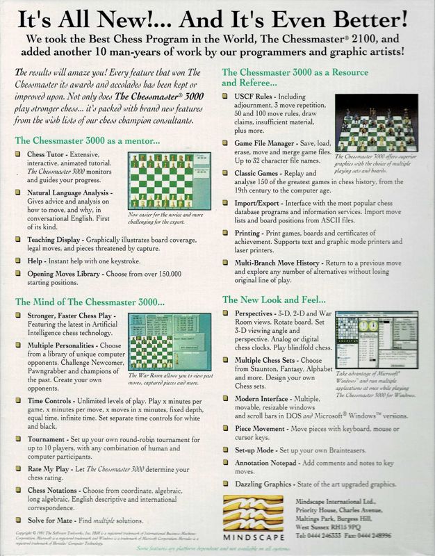 Back Cover for The Chessmaster 3000 (DOS and Windows 3.x) (Dual Media release (3,5'' & 5,25'' Disk))