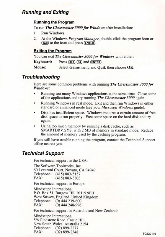 Extras for The Chessmaster 3000 (DOS and Windows 3.x) (Dual Media release (3,5'' & 5,25'' Disk)): Windows Quick Start Card - Back