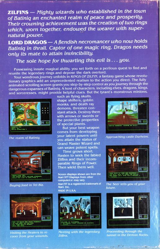 Back Cover for Rings of Zilfin (Atari ST)