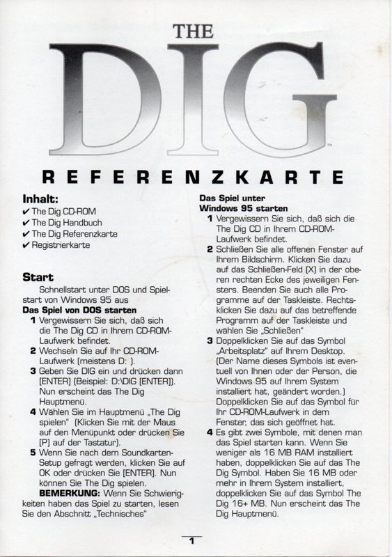 Reference Card for The Dig (DOS): Front