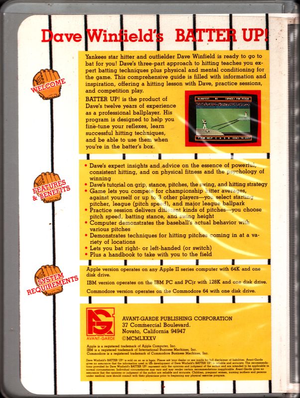 Back Cover for Dave Winfield's Batter Up! (Apple II)