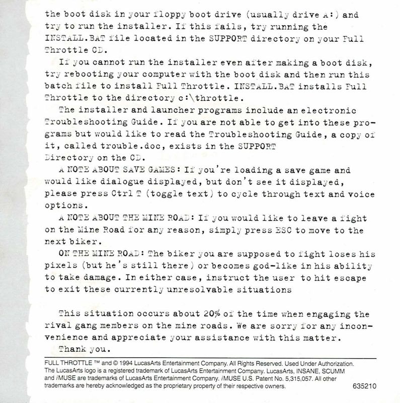 Extras for Full Throttle (DOS): Troubleshooting - Back
