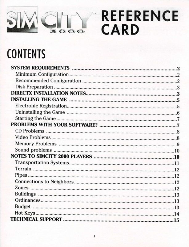 Reference Card for SimCity 3000 (Windows) (Alternate release): Front