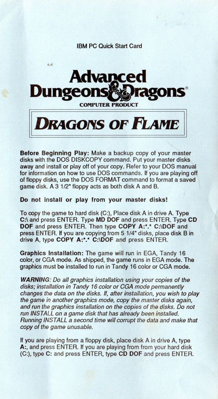 Reference Card for Dragons of Flame (DOS)