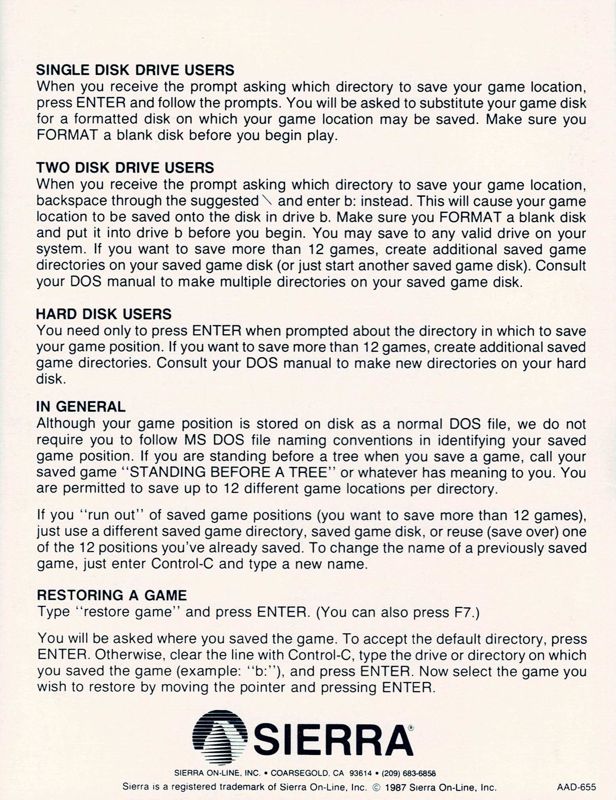 Reference Card for King's Quest III: To Heir is Human (DOS) (Dual Media Release with Free Prodigy Offer): Back