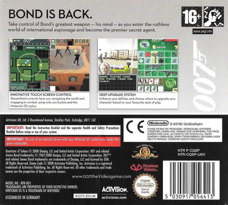 Back Cover for 007: Quantum of Solace (Nintendo DS)
