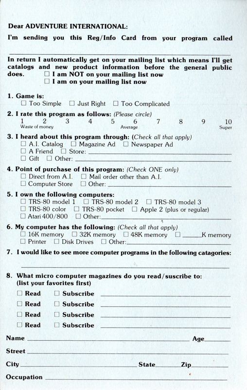 Other for Sorcerer of Claymorgue Castle (TI-99/4A): Registration Card