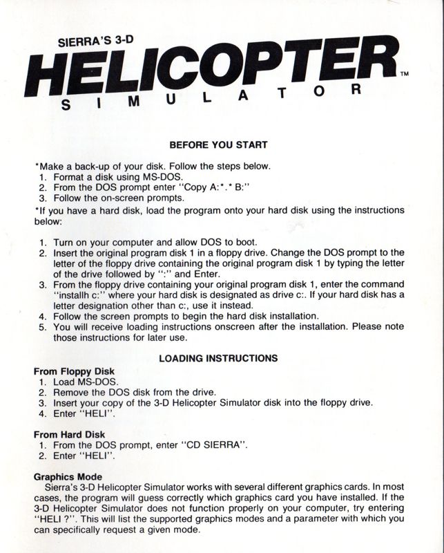 Reference Card for Sierra's 3-D Helicopter Simulator (DOS) (1987 Release)