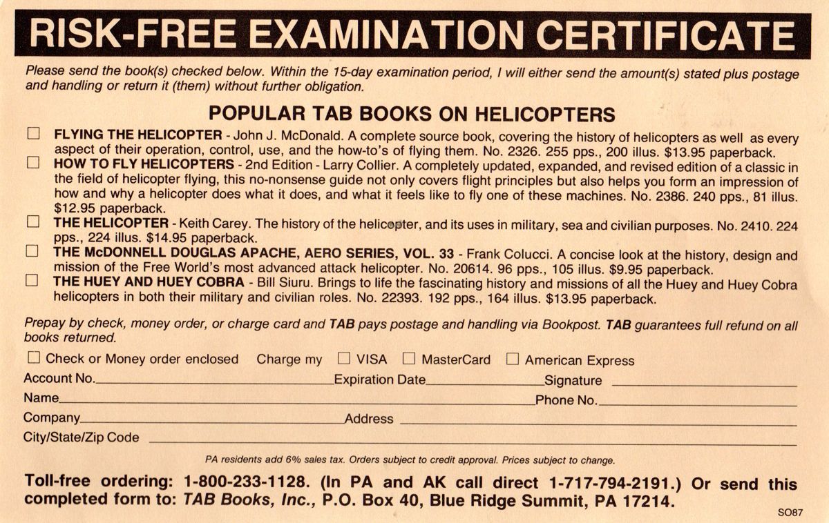 Advertisement for Sierra's 3-D Helicopter Simulator (DOS) (1987 Release): Popular Tab Books on Helicopters