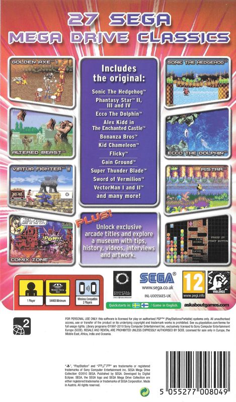 Back Cover for Sega Genesis Collection (PSP) (PSP Essentials release)
