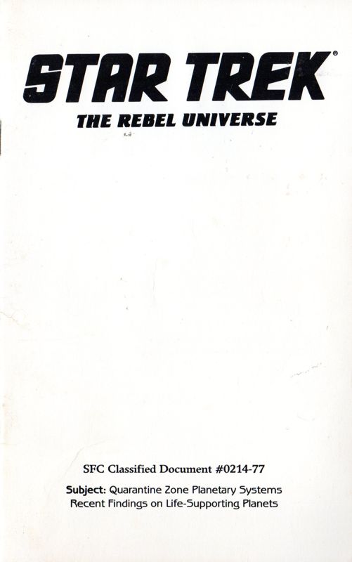 Manual for Star Trek: The Rebel Universe (Commodore 64) (Folder packaging): SFC Classified Document #0214-77