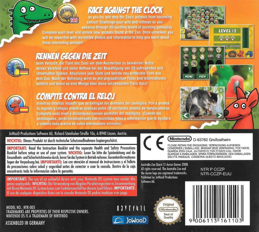 Back Cover for Zoo Quest: Puzzle Fun (Nintendo DS)