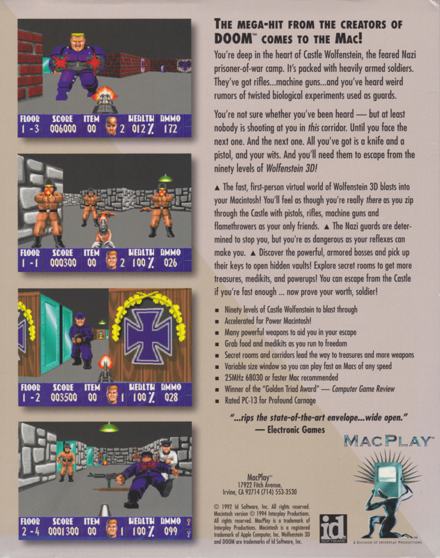 Back Cover for Wolfenstein 3D (Macintosh) ("Third Encounter" floppy disk release): Sleeve