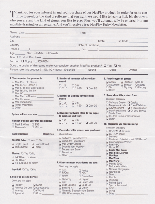 Other for Wolfenstein 3D (Macintosh) ("Third Encounter" floppy disk release): Registration Card - Inside