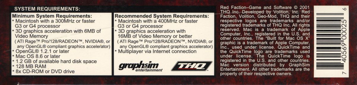 Other for Red Faction (Macintosh) (Cardboard Box-inside is the manual and a jewel case with CD ): System Requirements