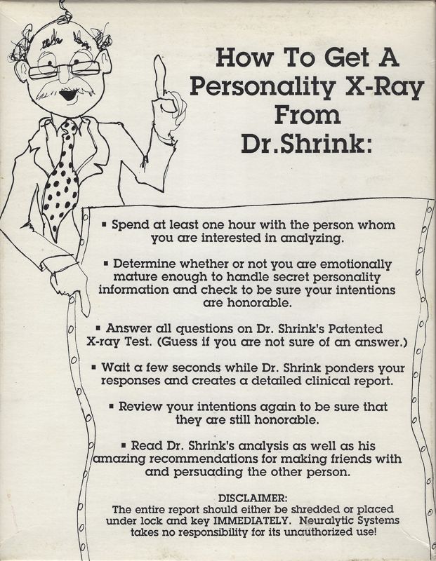Back Cover for Dr. Shrink (DOS)