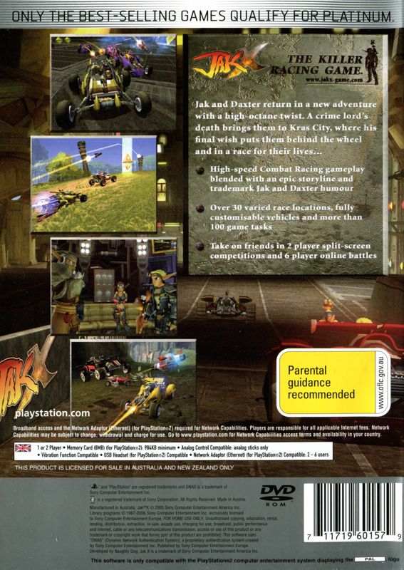 Back Cover for Jak X: Combat Racing (PlayStation 2) (Platinum release)