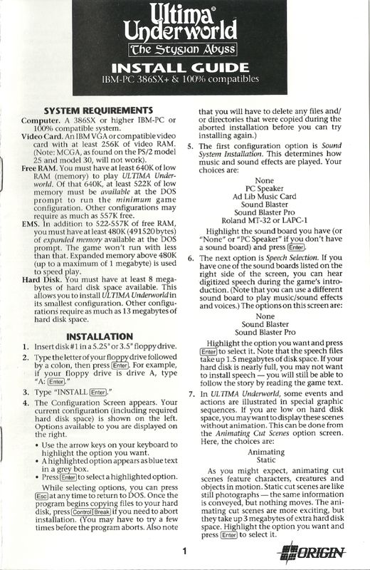 Reference Card for Ultima Underworld: The Stygian Abyss (DOS) (5,25" release): Install Guide English, French, German, Italian (Front)