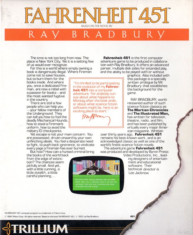 Back Cover for Fahrenheit 451 (Commodore 64)