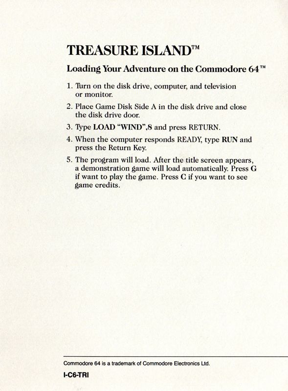 Reference Card for Treasure Island (Commodore 64)