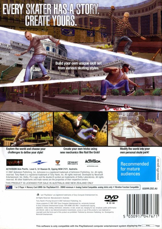 Back Cover for Tony Hawk's Proving Ground (PlayStation 2)