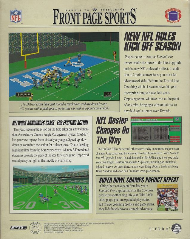 Back Cover for Front Page Sports: Football Pro '95 (DOS) (Upgrade version)