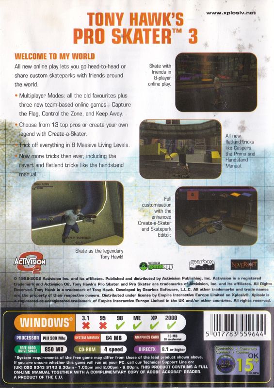 Back Cover for Tony Hawk's Pro Skater 3 (Windows) (Xplosiv release)